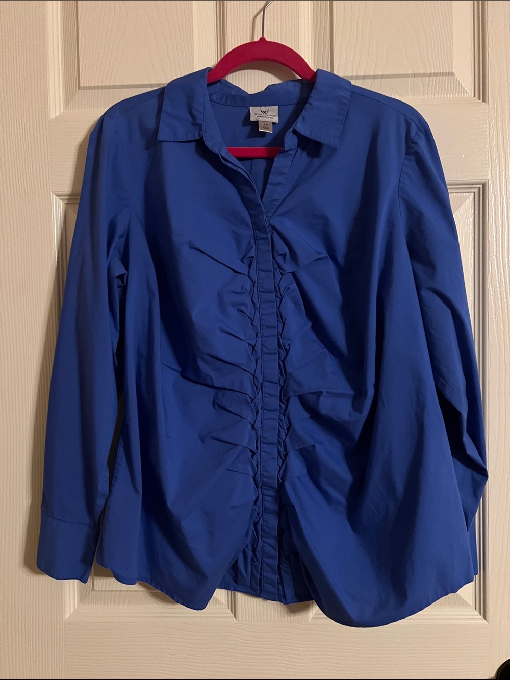 Talbots Ruffle-Front Button Down Shirt in Cobalt Blue